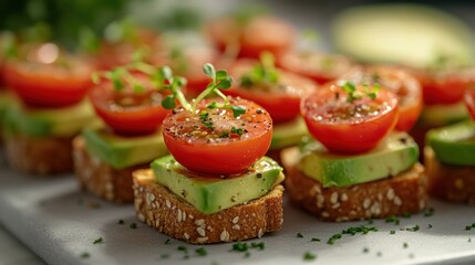 Mini avocado toast bites topped with cherry tomato slices and sprinkled with microgreens, designed for a playful, nutritious snack