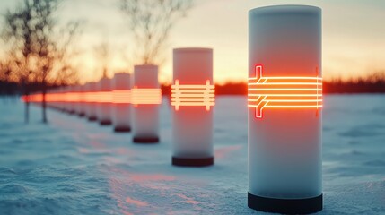 Futuristic Illuminated Cylinders in Snowy Landscape at Sunset Technological Winter Scene