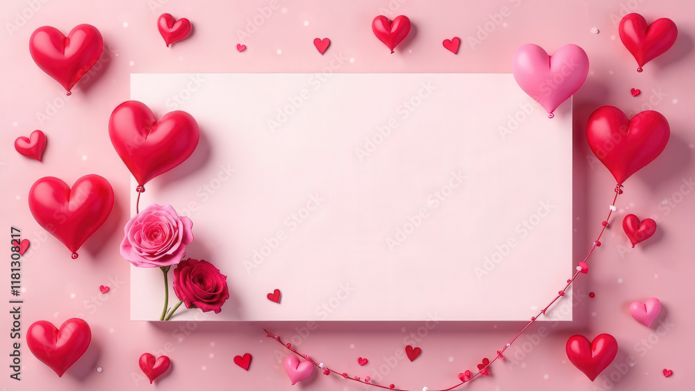 Wall mural Paper greeting card decorated with hearts and flowers on pink background. Valentine's Day present. Mockup design of gift voucher or certificate. A coupon template. A party invitation. Business card