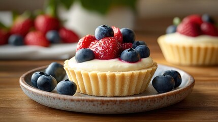 Mini berry tarts with an almond flour crust, filled with light vanilla yogurt and topped with fresh blueberries and strawberries on a ceramic plate