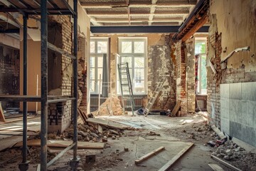 Fototapeta premium Building interior undergoing renovation showing exposed brick walls, scaffolding, ladders, and construction debris