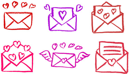 Love Letters Envelopes Valentines Day Crayon Chalk Drawing Vector Set