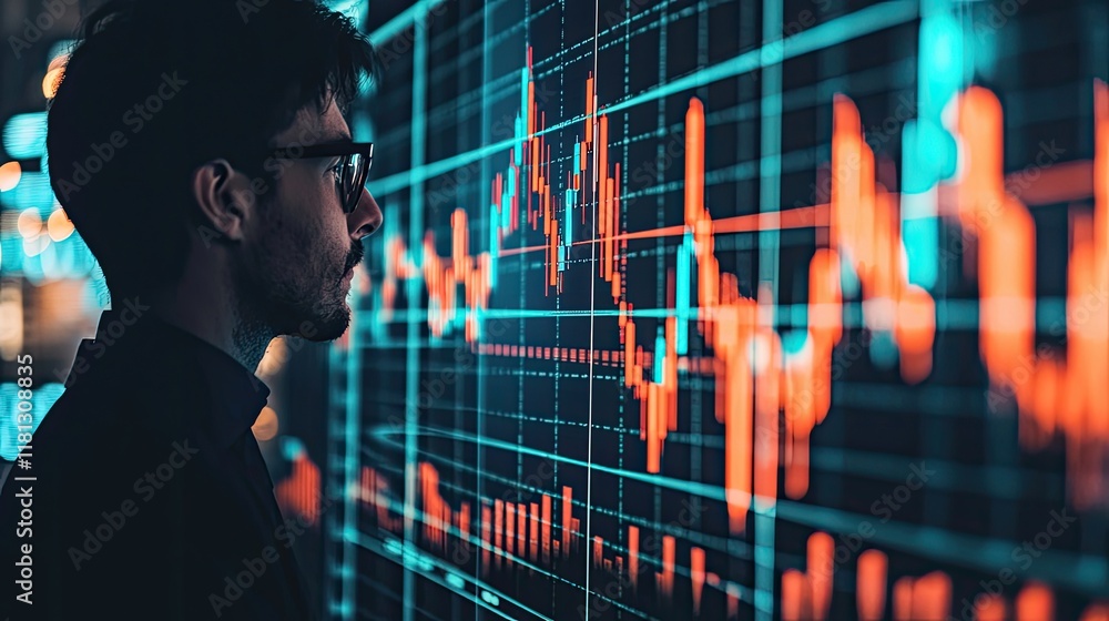 Poster a professional engages with a futuristic data analytics interface, depicting growth and financial su