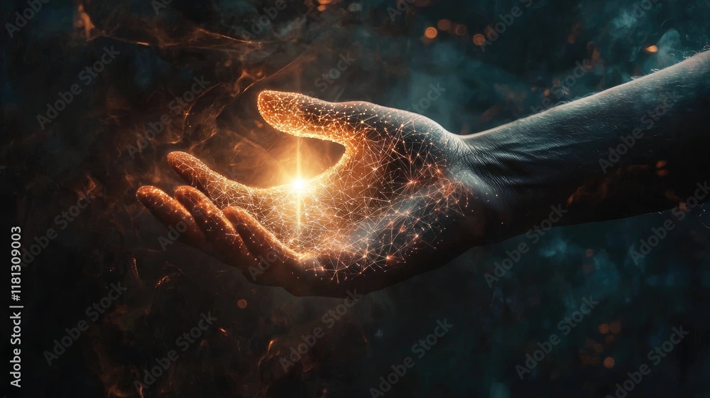 Poster A hand reaching towards a glowing point symbolizes the interaction between humans and technology, illustrating themes of digital connectivity and innovation in a modern c