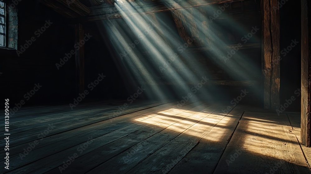 Poster A captivating image of soft light shining into a dark wooden room, creating beams and shadows that enhance the serene atmosphere and perfect for artistic expression.