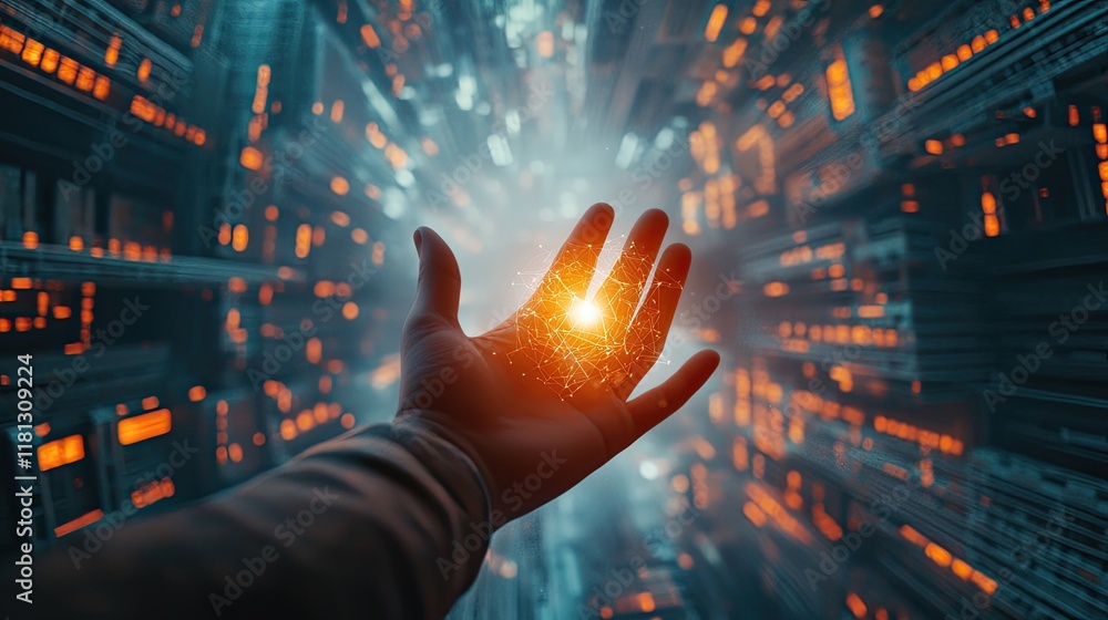 Poster A hand reaching towards a glowing point symbolizes the interaction between humans and technology, illustrating themes of digital connectivity and innovation in a modern c