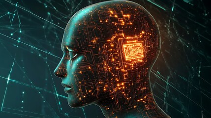 Hyper-realistic human head with intricate circuit board patterns glowing inside, symbolizing AI and engineering, set against a sleek, futuristic web background.