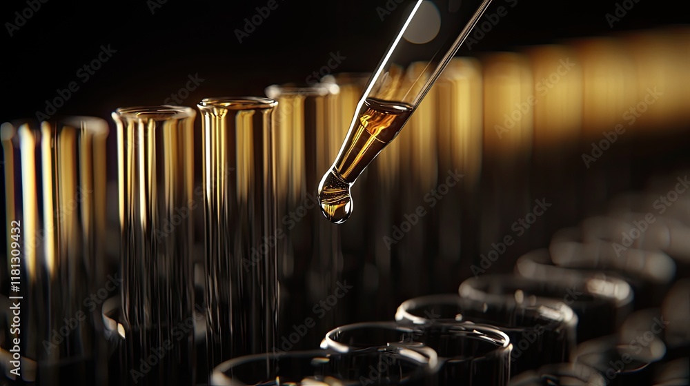 Poster a captivating image showcasing a pipette dropping liquid into a row of glass test tubes, symbolizing