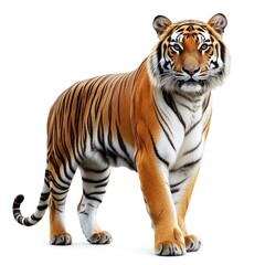Fototapeta premium A realistic depiction of a tiger standing confidently against a white background.