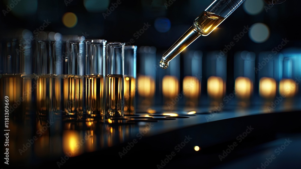 Poster a captivating image showcasing a pipette dropping liquid into a row of glass test tubes, symbolizing