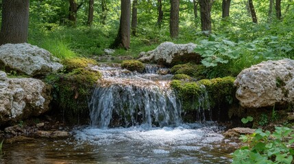 Fototapeta premium Natural water trickling down moss-covered rocks in a tranquil forest scene