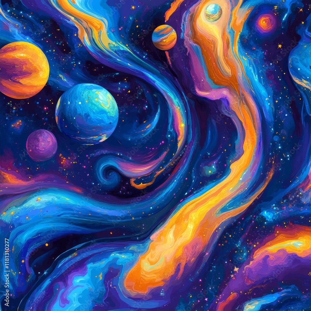 Canvas Prints abstract seamless pattern with a colorful, swirling galaxy and a space background with stars and pla