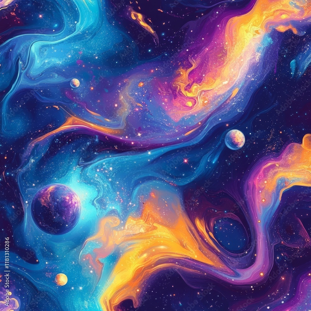 Poster abstract seamless pattern with a colorful, swirling galaxy and a space background with stars and pla