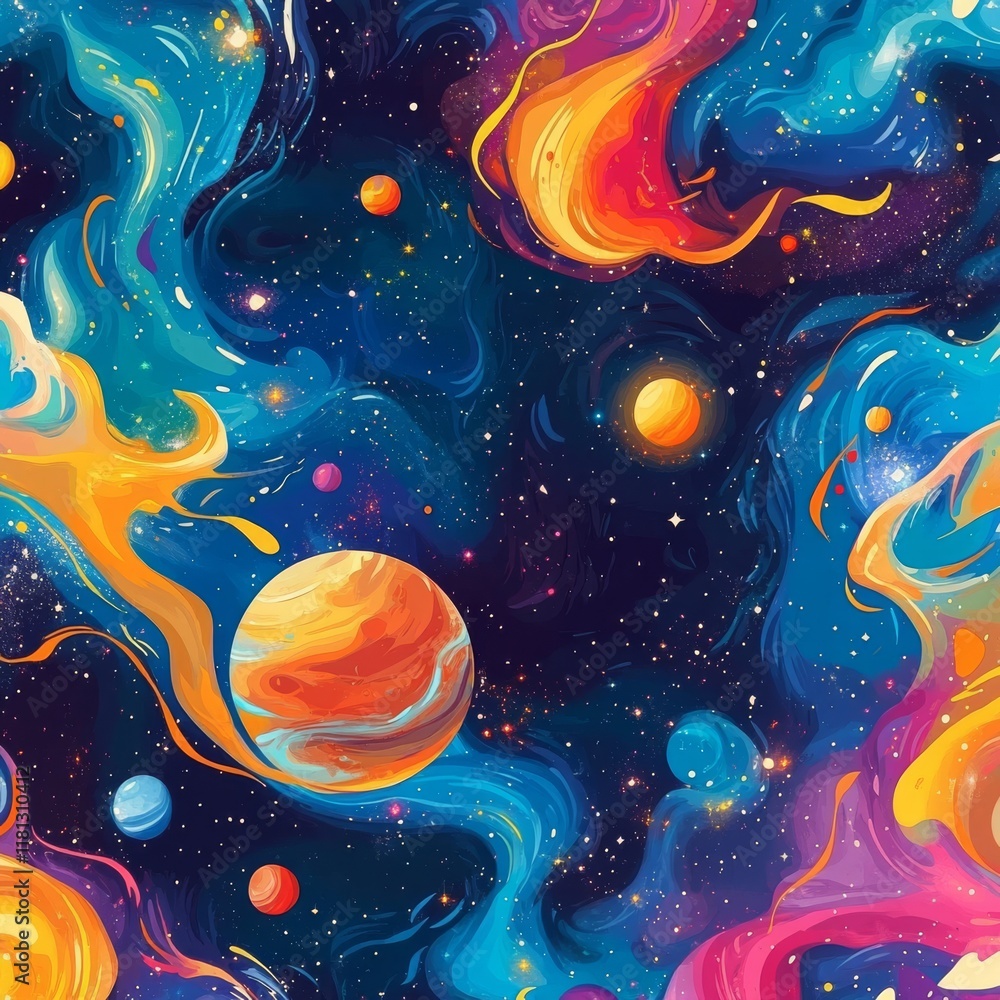 Canvas Prints abstract seamless pattern with a colorful, swirling galaxy and a space background with stars and pla