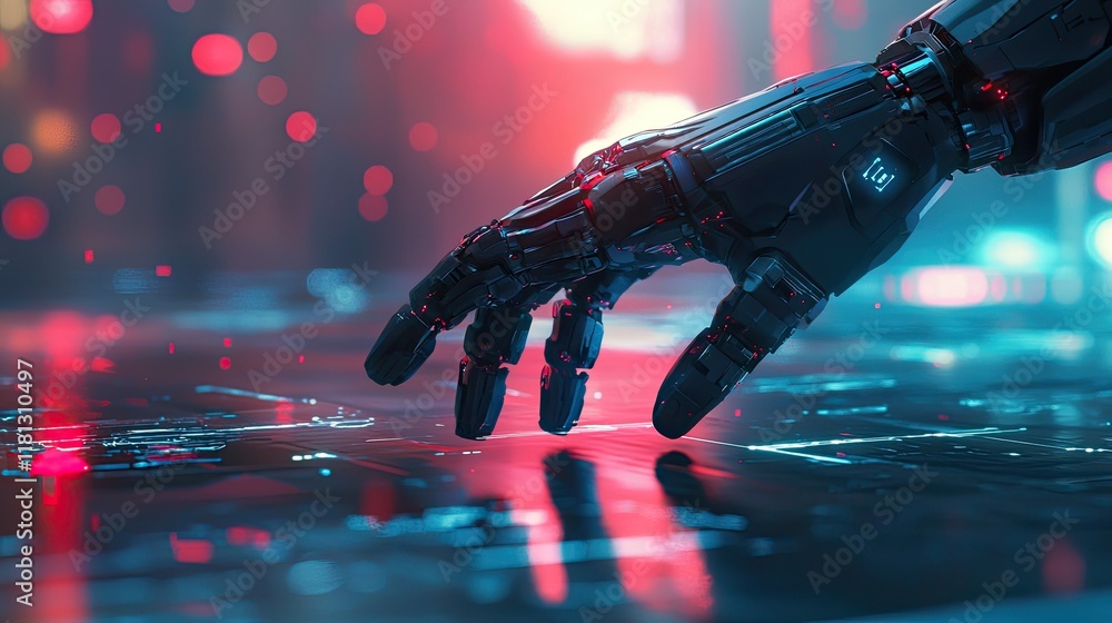 Poster a captivating image showcasing a human hand engaging with a robotic hand, symbolizing the connection