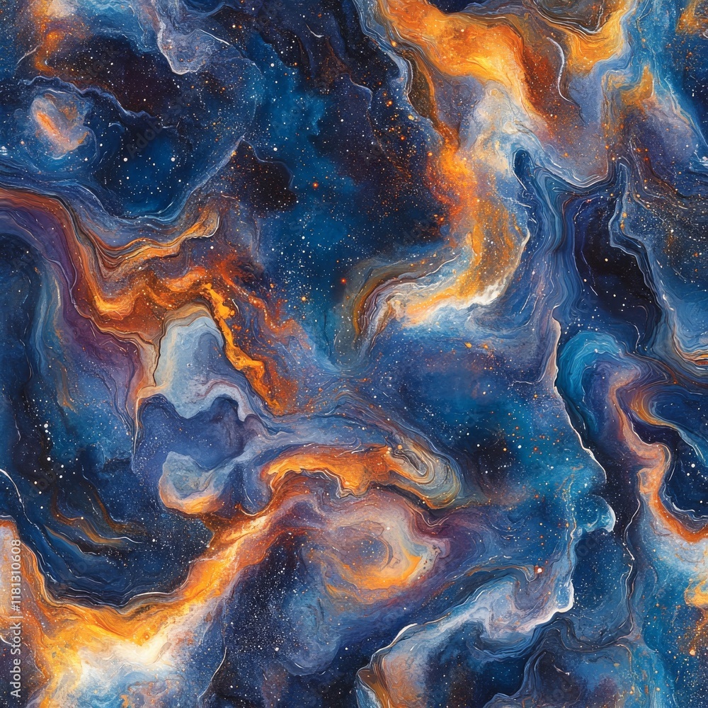 Wall mural abstract seamless pattern with a colorful, swirling galaxy and a space background with stars and pla