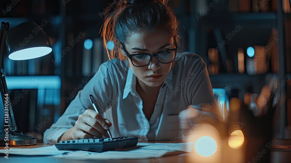 Fototapete a focused businesswoman reviews financial data in a modern office setting, using a calculator and no
