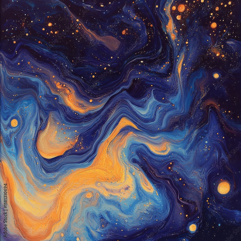 Wall mural abstract seamless pattern with a colorful, swirling galaxy and a space background with stars and pla