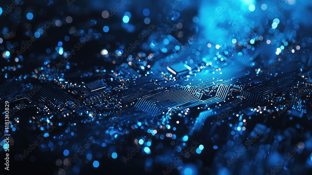 Poster This image portrays a detailed close-up of an electronic circuit board with microchips and reflective blue light, showcasing advanced technology and intricate design.