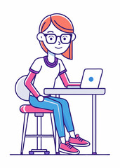 Minimalist Line Art Of Teenage girl with glasses studying at a desk.