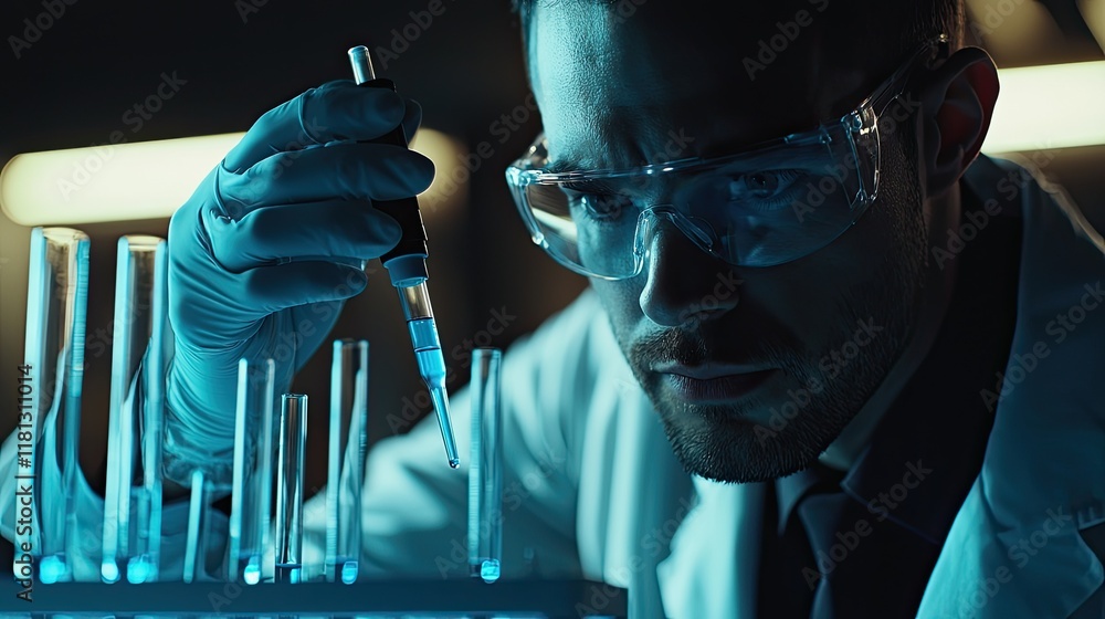 Aufkleber A focused scientist prepares for experimentation in a modern laboratory by using a pipette to transfer blue liquid into test tubes, showcasing meticulous research practic