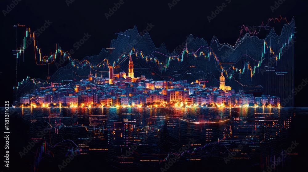 Poster this illustration showcases a dynamic stock market graph featuring colorful candlestick patterns, an