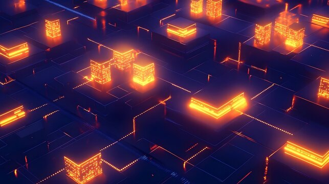 A secure server room with glowing nodes representing financial transactions. -