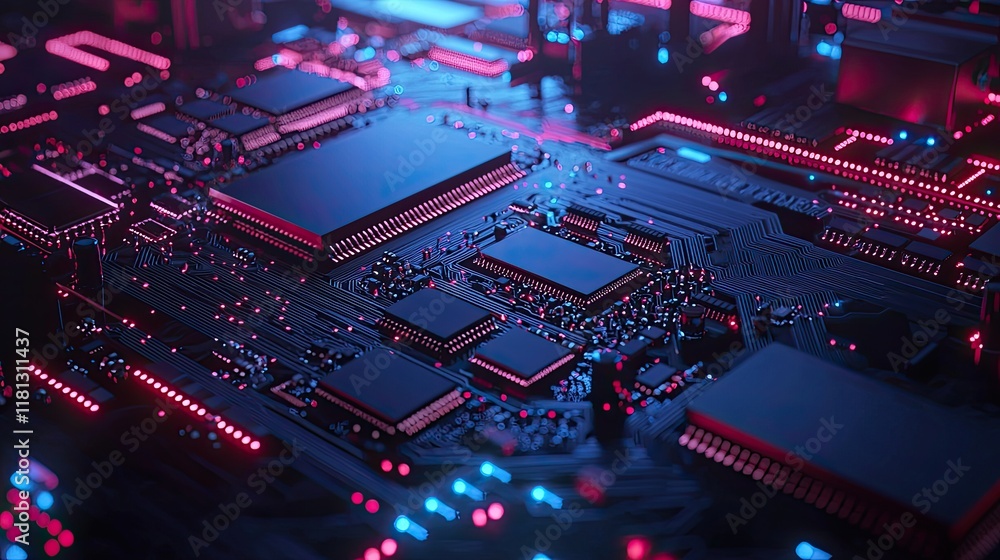 Poster this image portrays a detailed close-up of an electronic circuit board with microchips and reflectiv