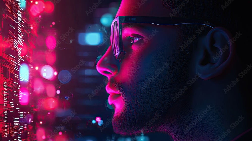 Aufkleber A striking profile image of a man with glasses, featuring a vibrant cityscape and digital data overlay, symbolizing modern technology and innovative thinking.