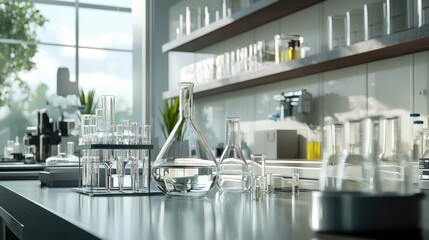 A modern laboratory scene featuring various glassware containing clear liquid, emphasizing cleanliness and precision for scientific experiments and research activities.