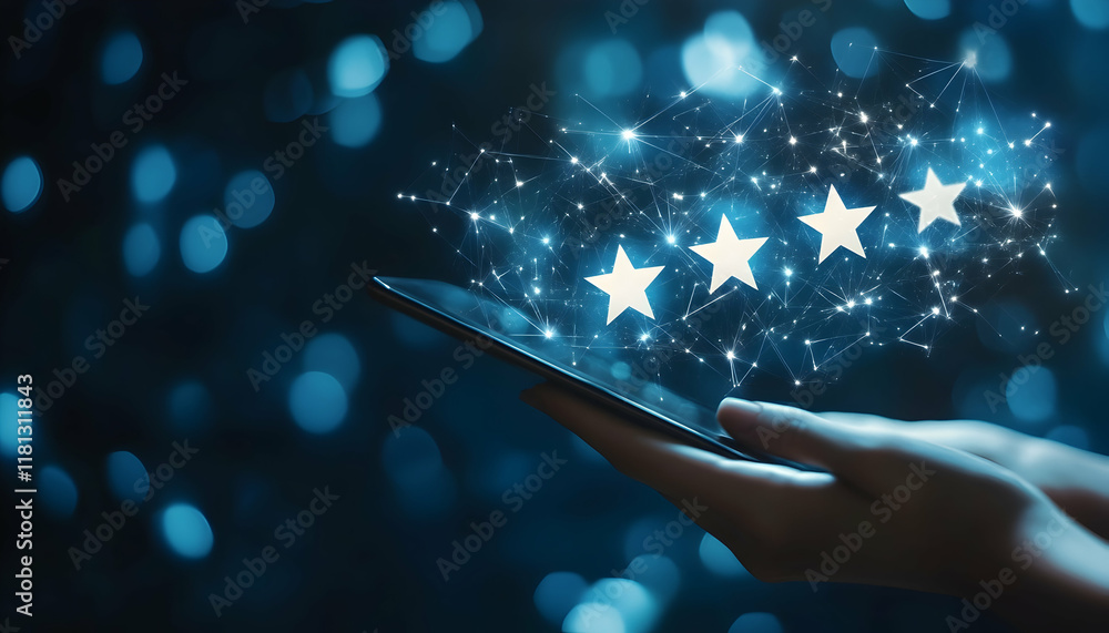Poster digital touchscreen with a glowing five-star rating signifying positive feedback -