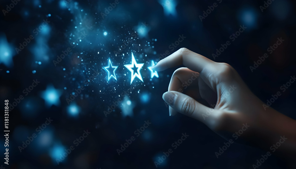 Poster digital touchscreen with a glowing five-star rating signifying positive feedback -