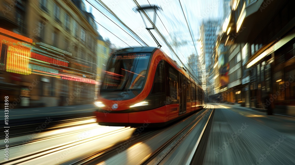 Poster This image captures the essence of high-speed transportation with dynamic motion blur, enhanced by digital data elements, perfectly illustrating modern urban movement and