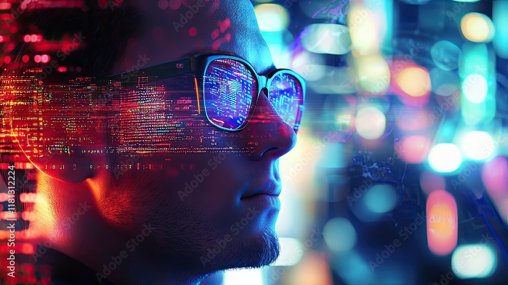 Poster a striking profile image of a man with glasses, featuring a vibrant cityscape and digital data overl