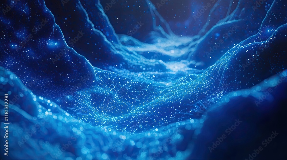 Poster experience a captivating futuristic digital landscape filled with blue glowing data streams, evoking