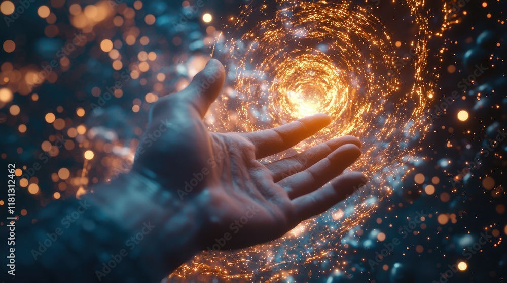 Aufkleber a hand reaches out towards a glowing light and swirling digital particles, representing the intersec