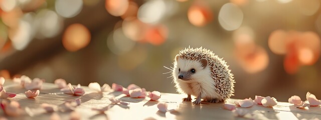 A small hedgehog is sitting on the table, its spines raised up, and it has white fur with black spots all over its body.
