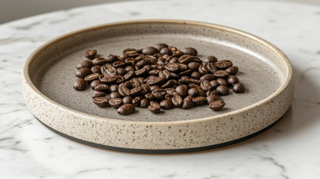 Rare Maragogipe coffee beans, also known as 'elephant beans', are delicately arranged on a ceramic plate, accompanied by tasting notes and details of origin.