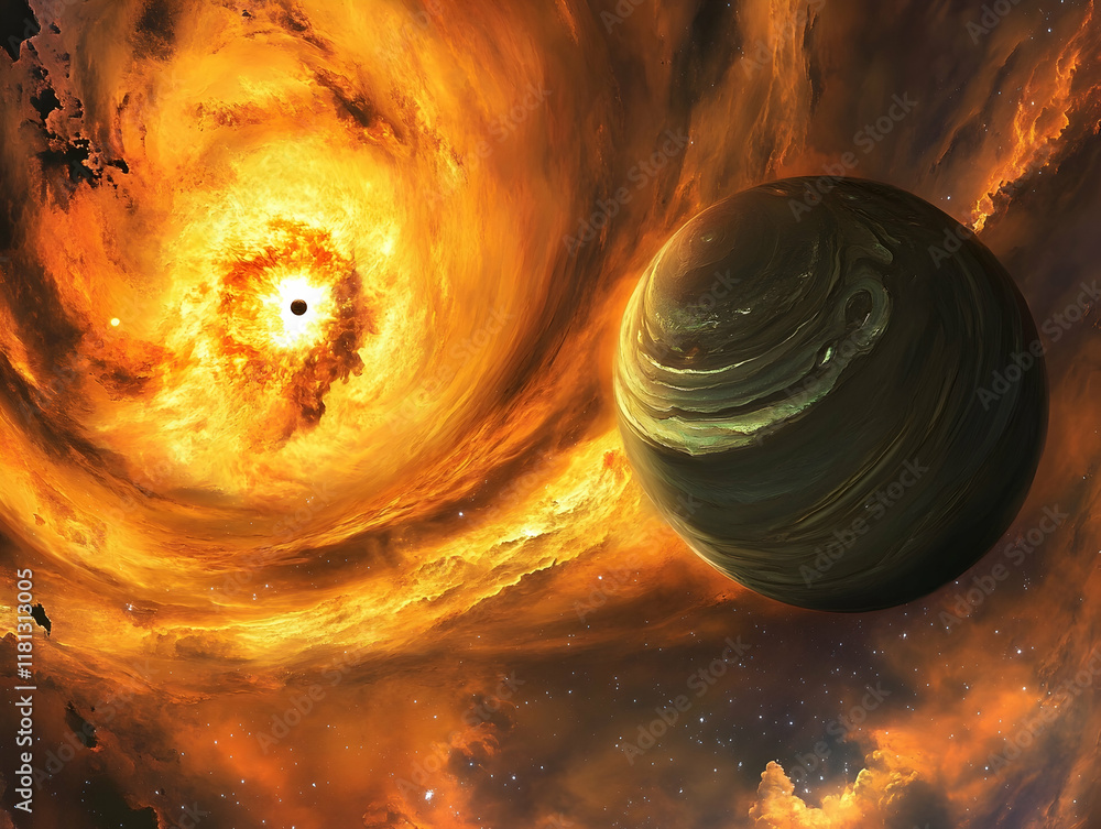 Poster dramatic cosmic scene of a planet exploding with another orbiting nearby amid swirling clouds in dee
