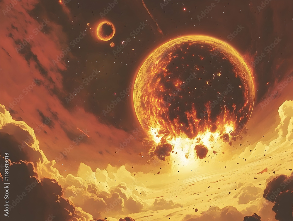 Poster dramatic cosmic scene of a planet exploding with another orbiting nearby amid swirling clouds in dee