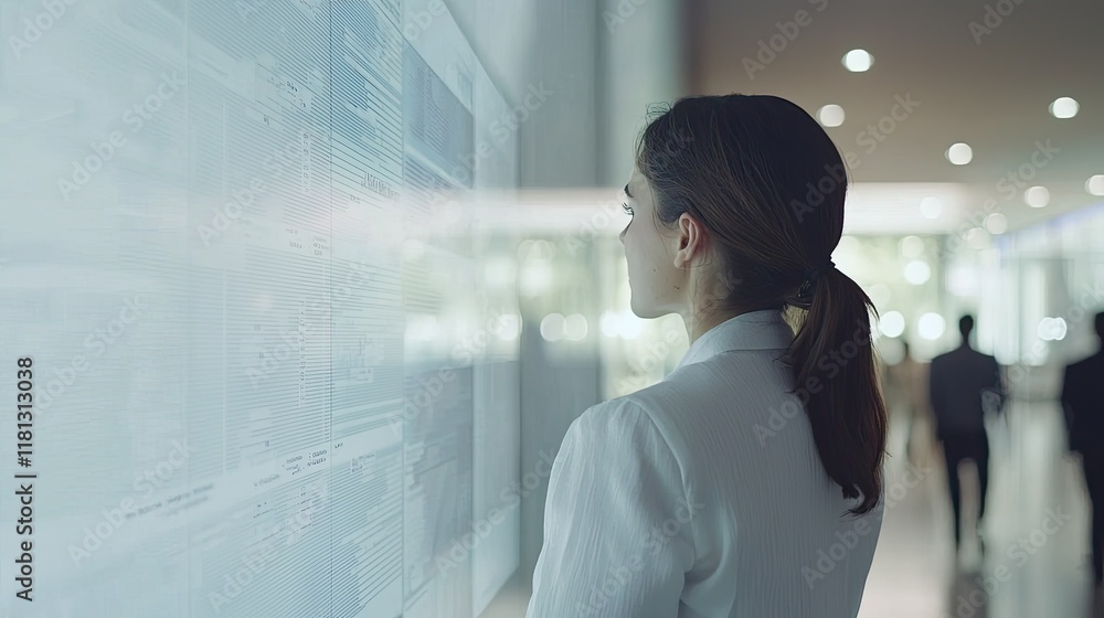 Poster A business professional engages with digital data display, analyzing trends and metrics to inform strategic decisions in a contemporary office setting.