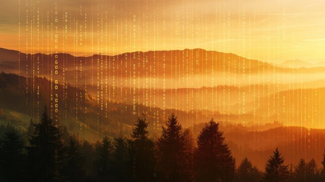 Digital Dawn: Serene Mountain Landscape with Binary Code Overlay at Sunrise.