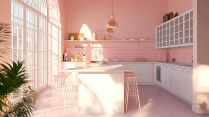 Fototapeta premium Sunlit Pink Kitchen: Modern Minimalist Design with Natural Light