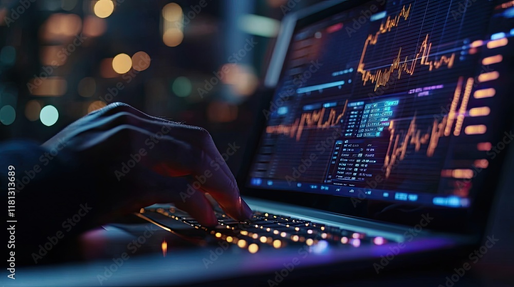 Poster a business professional analyzes financial data on a laptop. digital graphs and charts illustrate ma