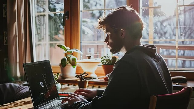man works on laptop at home