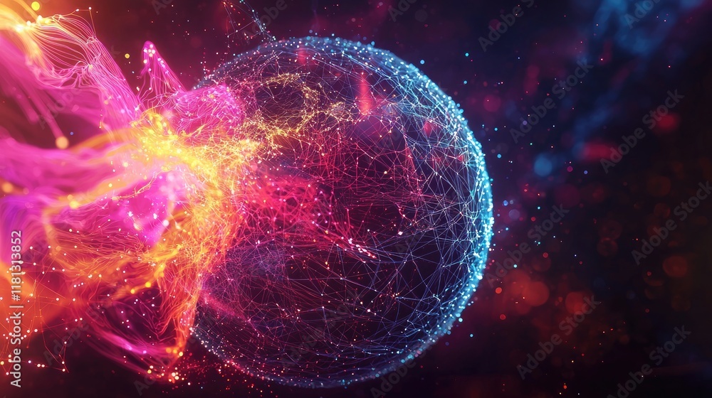 Leinwandbilder Explore a captivating visualization of digital networks featuring a colorful wireframe globe and flowing data connections set against a dark background. Perfect for techn