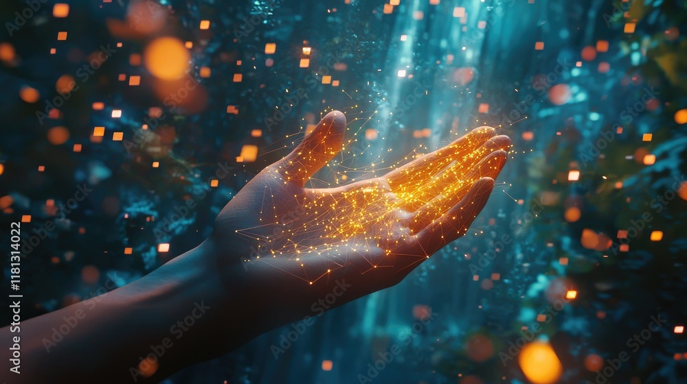 Poster a visionary representation of a hand reaching for glowing light amidst a digital landscape filled wi
