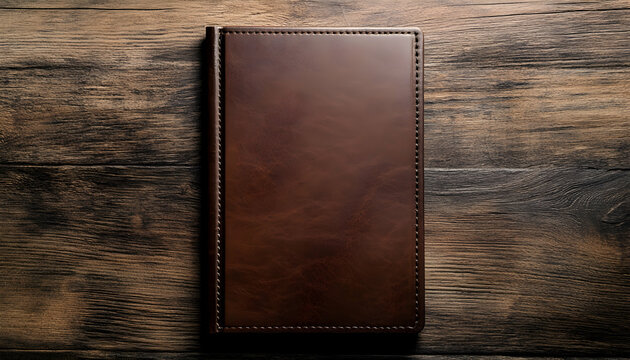 Elegant brown leather menu cover featuring a classic design with blank space for personalized branding or text on a rustic wooden background  -