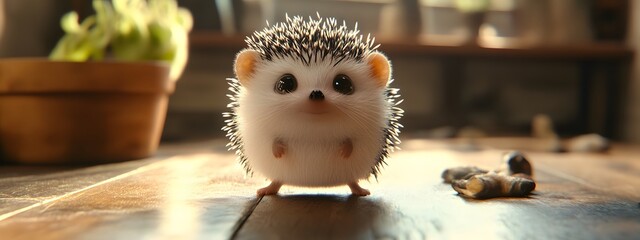 A small hedgehog is sitting on the table, its spines raised up, and it has white fur with black spots all over its body.