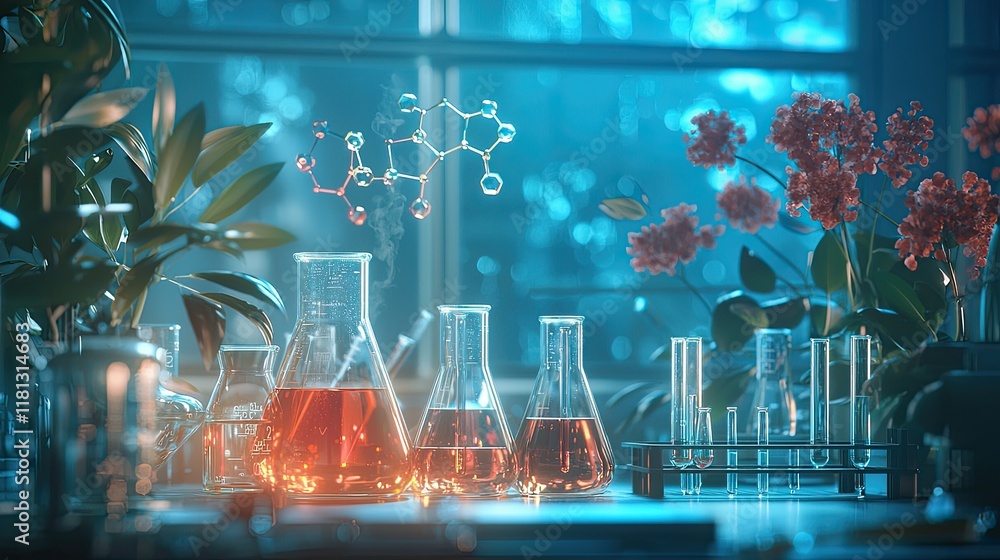 Poster a captivating laboratory scene featuring glass beakers and a molecular structure displayed on a blue
